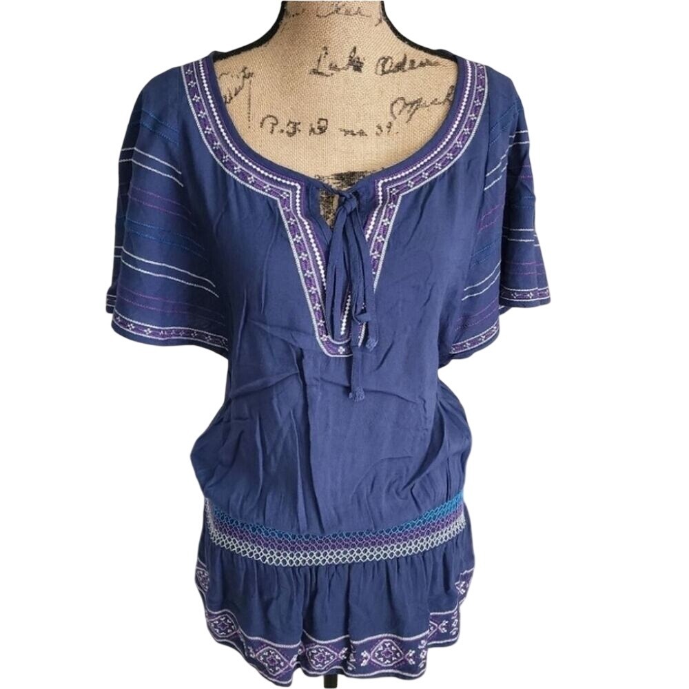 Flying Tomato Navy Blue Embroidered Boho Tunic Flutter Sleeve Top‎ IT3312 Small